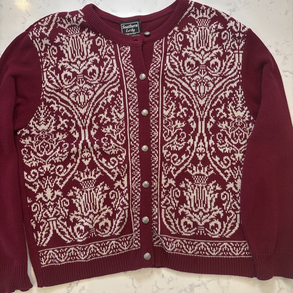 VTG Southern Lady Cardigan‎ Sweater Grannycore Red Beige Silver Buttons SZ LG